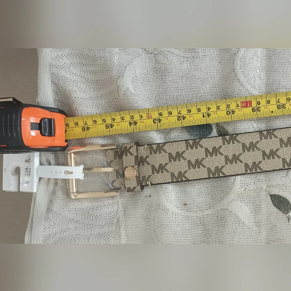 Authentic Michael Kors Womens Gold MK Buckle Belt Light Brown Signature Belt - Picture 10 of 14